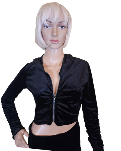 small-large black valour 2 pc set. the top is crop with a hood and zipper.