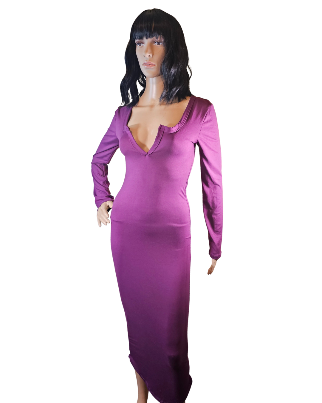 small-large, purple soft material dress that fits your curves and has a v-neck in the front. the dress goes pass your knees. long sleeves