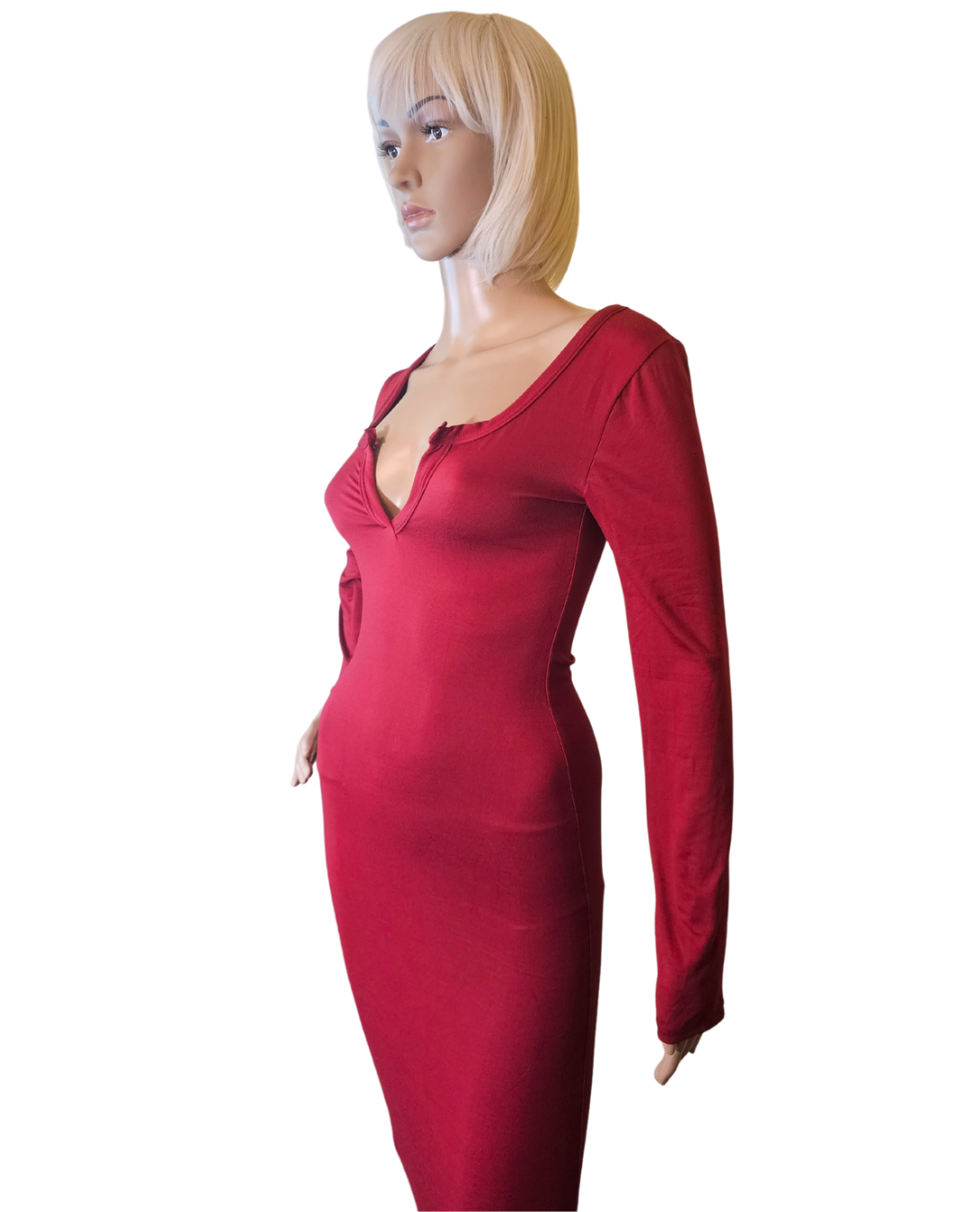 small-large, red soft material dress that fits your curves and has a v-neck in the front. the dress goes pass your knees. long sleeves