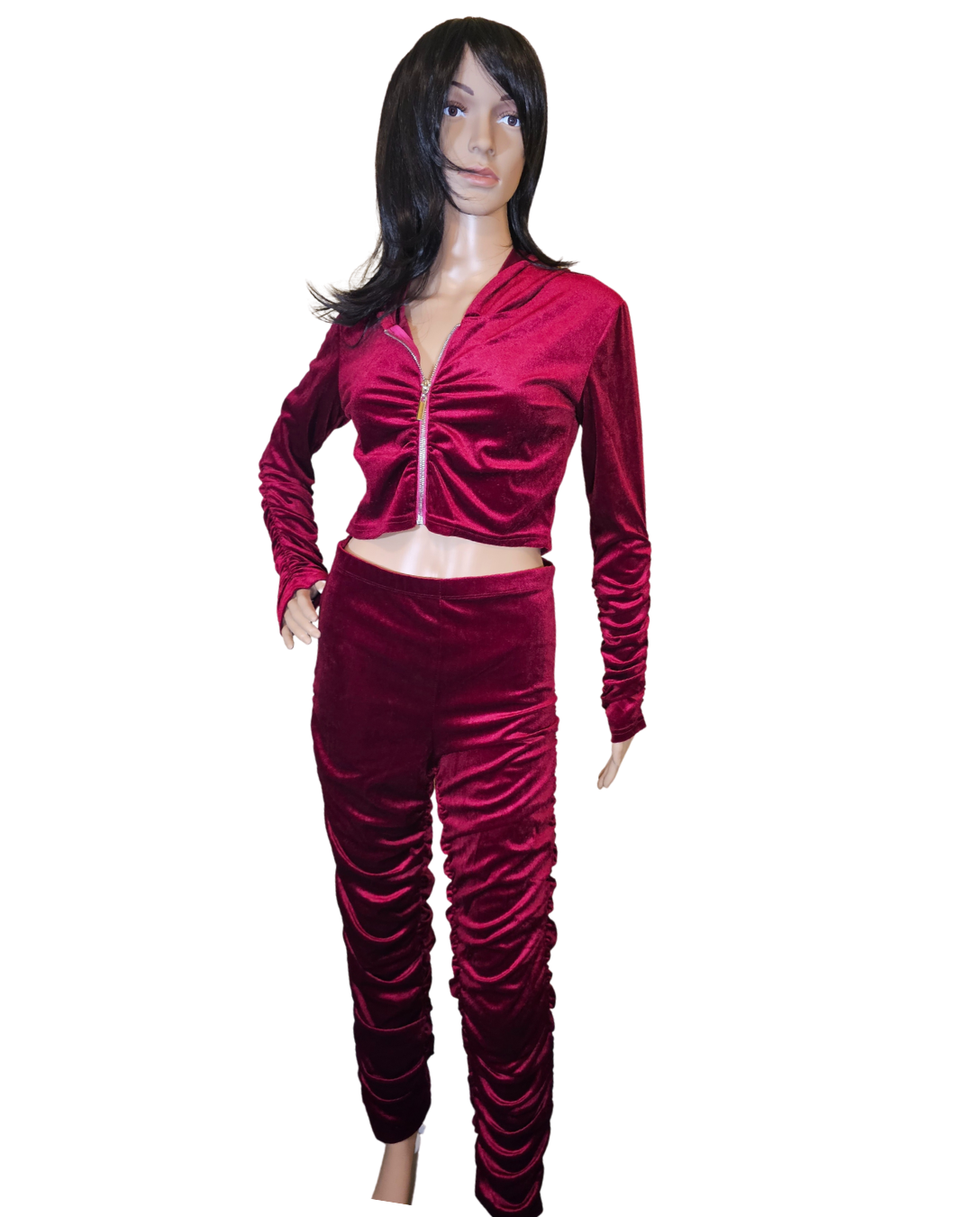 small-large red valour 2 pc set. the top is crop with a hood and zipper.