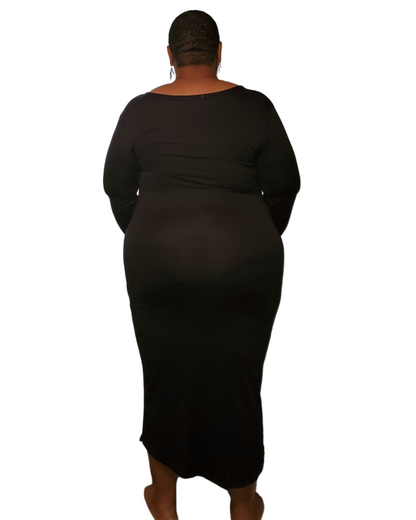 1x-3x black soft material v-neck fitted dress. dress goes pass the knees