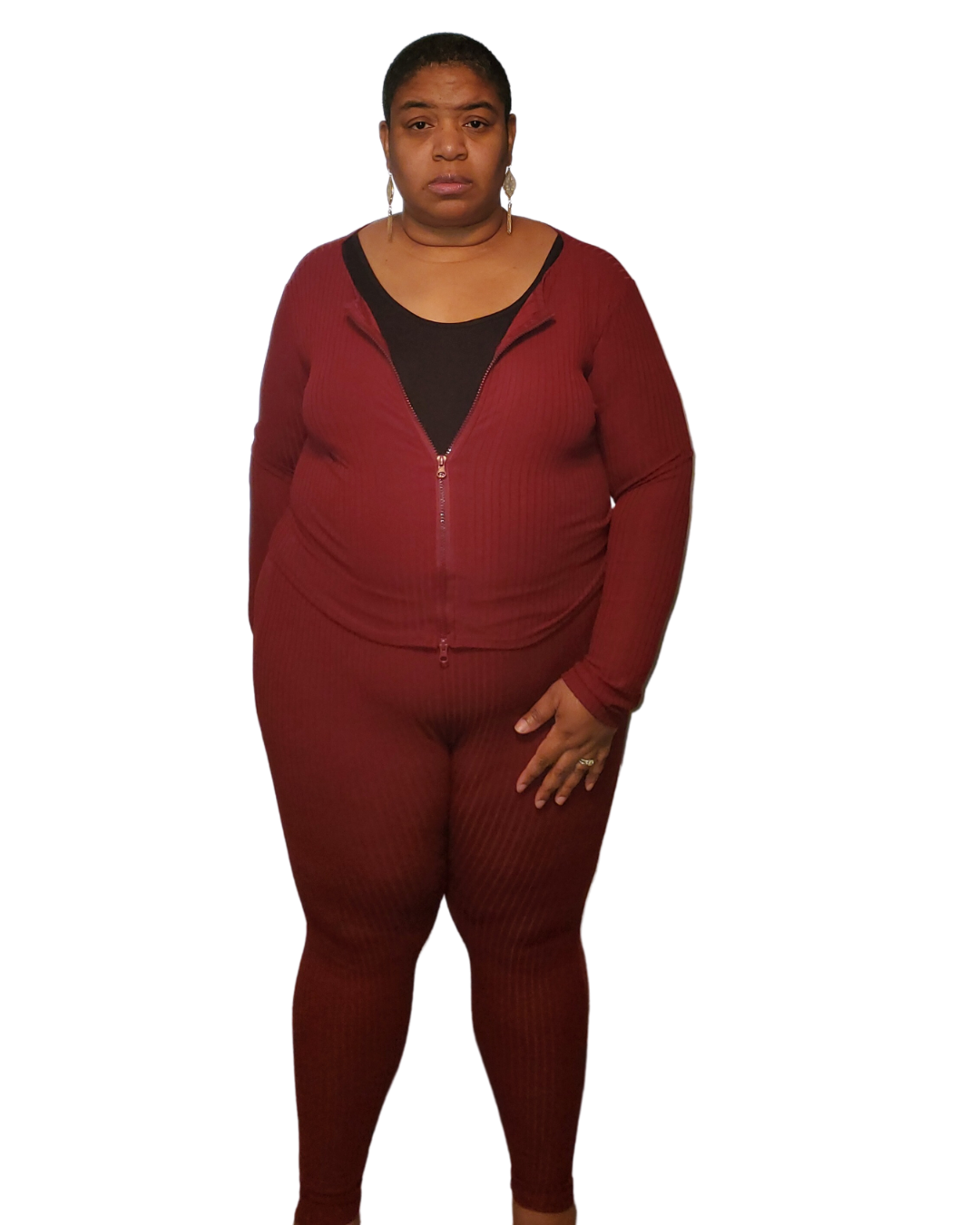 1x-3x burgundy 2pc set. the top is long sleeve with a zipper. the pants is leggings