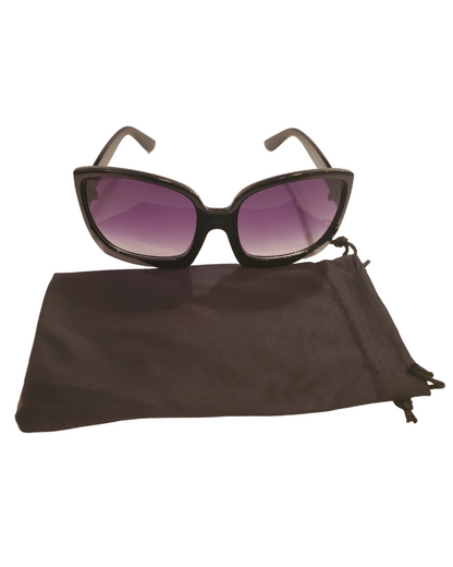 image of the black sunglasses and the black microfiber pouch that you can store the shades in and clean the shades with