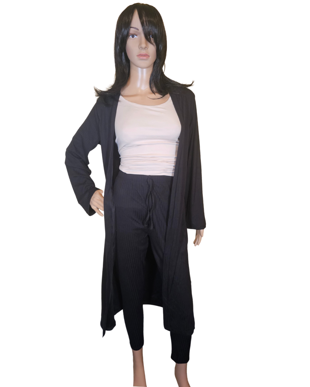 Small-Large in size. black 2 pc cardigan set. the pants are legging pants with a decorative string in the front.