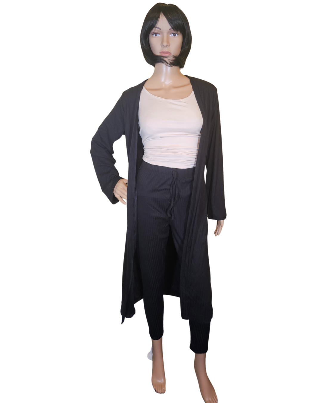 Small-Large in size. black 2 pc cardigan set. the pants are legging pants with a decorative string in the front.