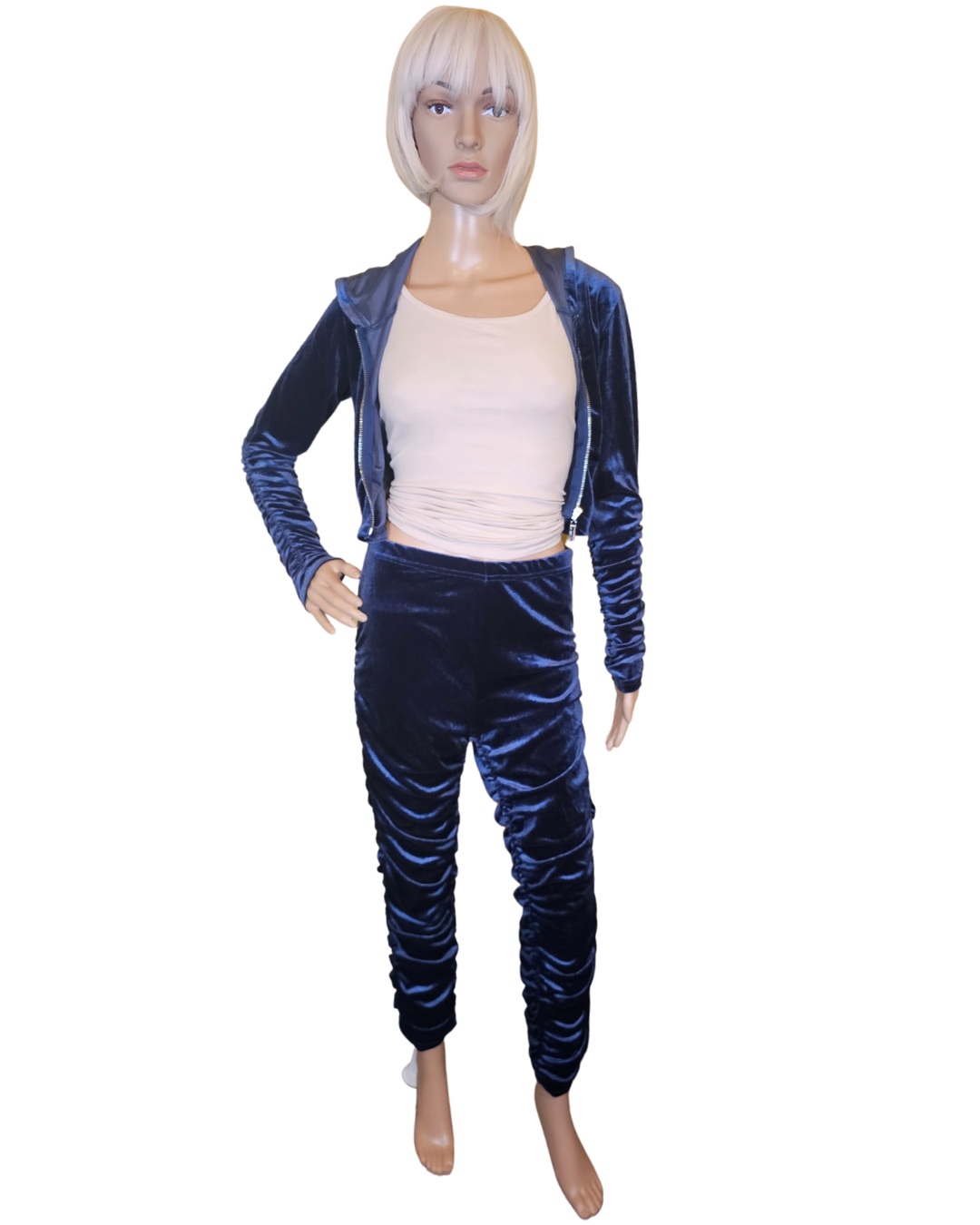 small-large blue valour 2 pc set. the top is crop with a hood and zipper.