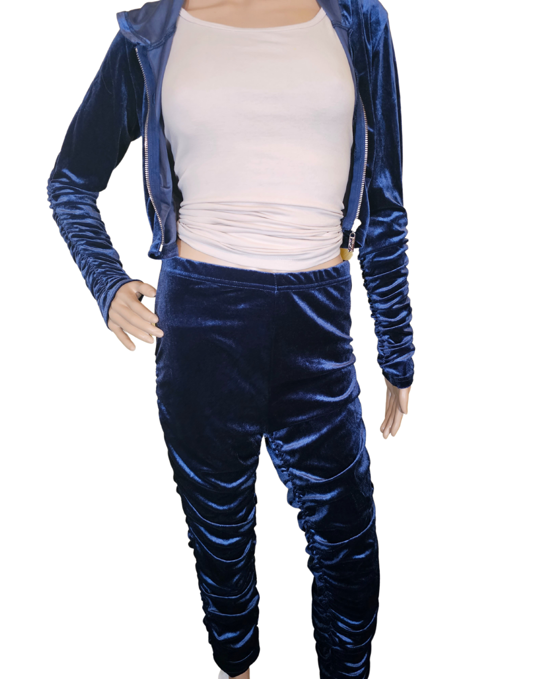 small-large blue valour 2 pc set. the top is crop with a hood and zipper.