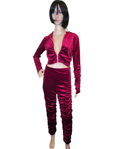 small-large red valour 2 pc set. the top is crop with a hood and zipper.