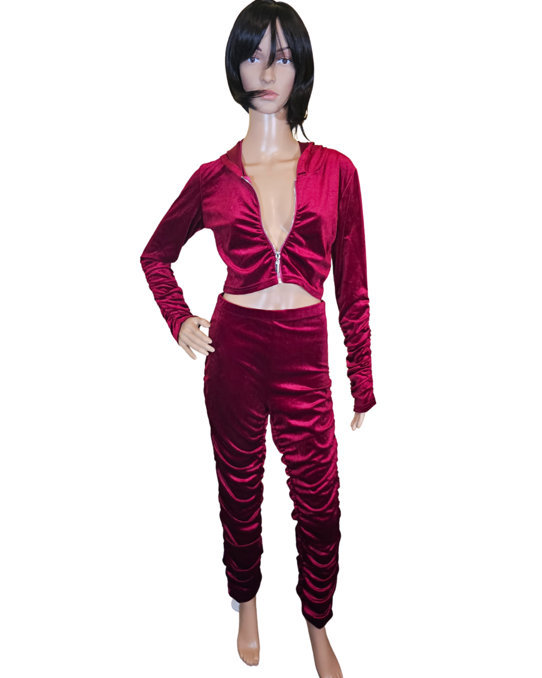 small-large red valour 2 pc set. the top is crop with a hood and zipper.