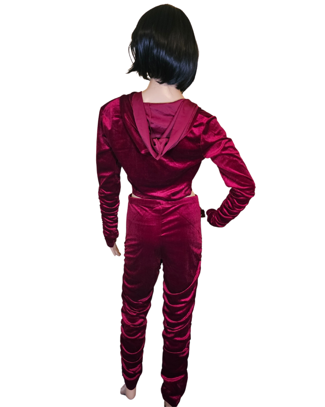 small-large red valour 2 pc set. the top is crop with a hood and zipper.