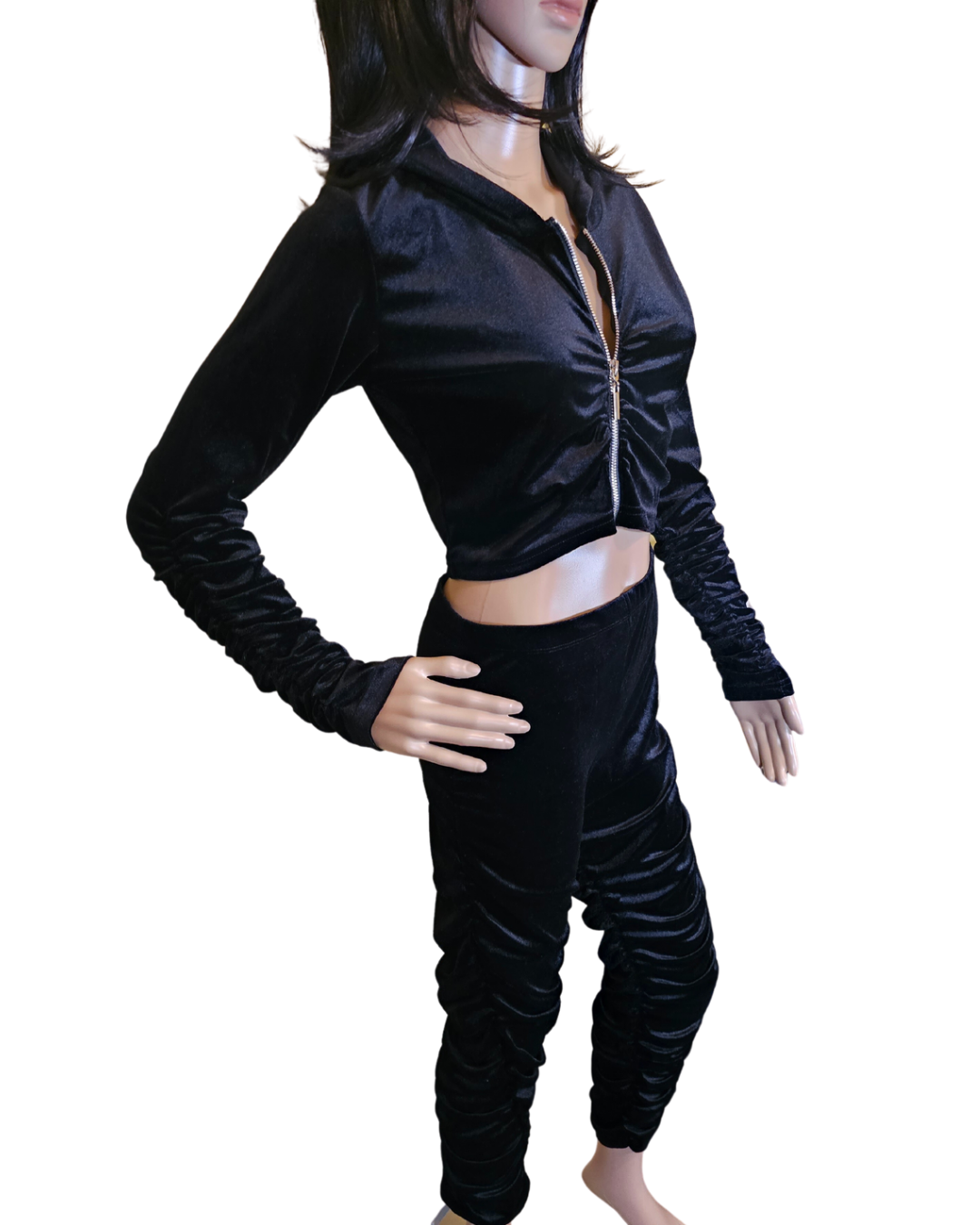 small-large black valour 2 pc set. the top is crop with a hood and zipper.