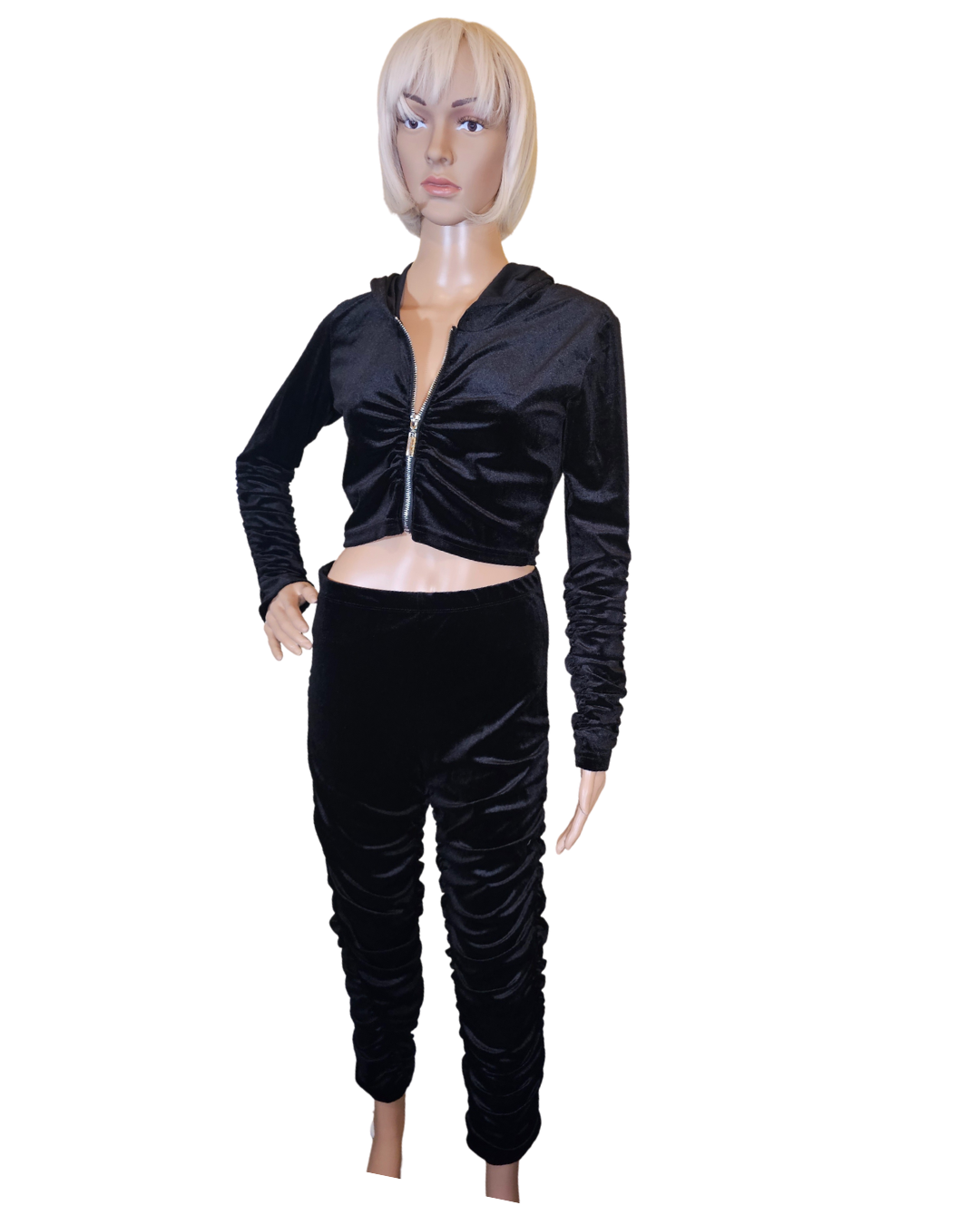 small-large black valour 2 pc set. the top is crop with a hood and zipper.