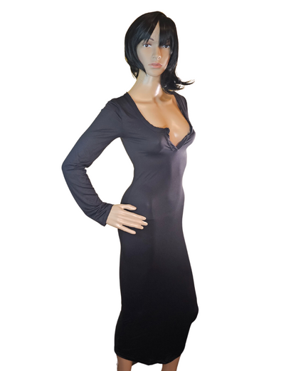 small-large, black soft material dress that fits your curves and has a v-neck in the front. the dress goes pass your knees. long sleeves