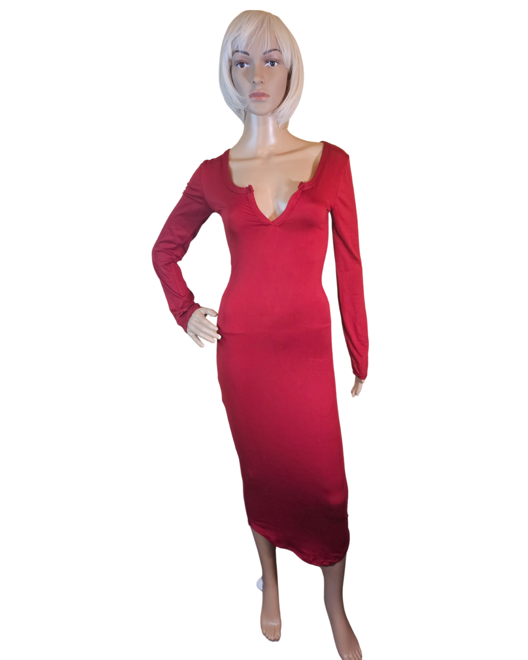 small-large, red soft material dress that fits your curves and has a v-neck in the front. the dress goes pass your knees. long sleeves