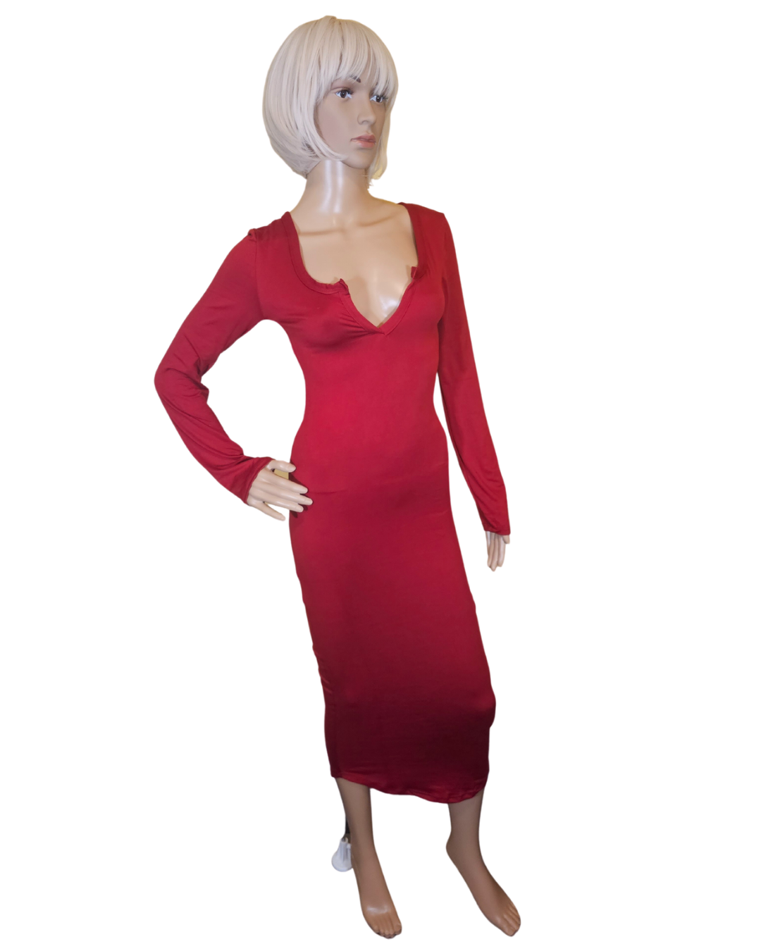 small-large, red soft material dress that fits your curves and has a v-neck in the front. the dress goes pass your knees. long sleeves