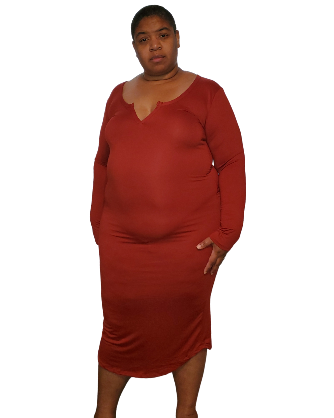 1x-3x red soft material v-neck fitted dress. dress goes pass the knees