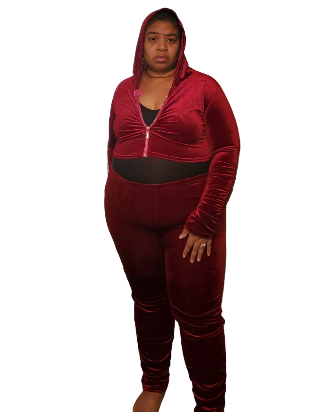 1x-3x red valour 2 pc set. the top is crop with a hood and zipper.