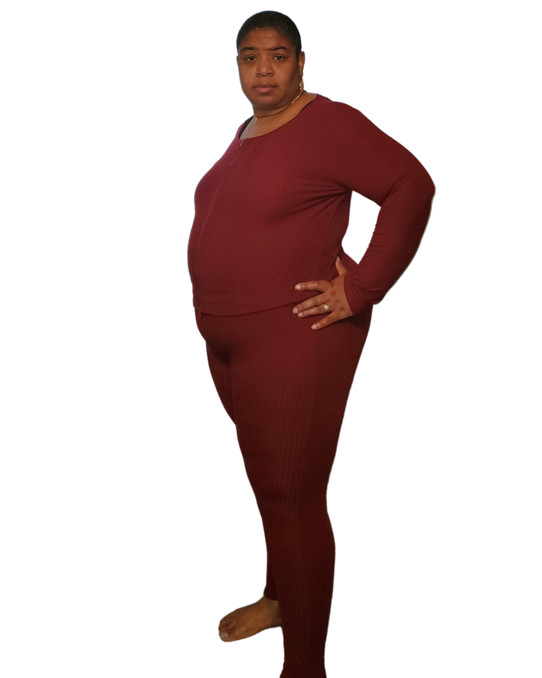 1x-3x burgundy 2pc set. the top is long sleeve with a zipper. the pants is leggings