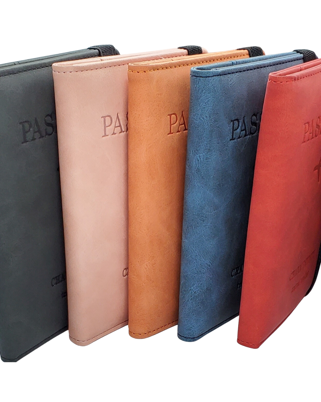 image of premium leather passport RIFD wallets. the colors are black, pink, orange, blue, and red. a strap holds the wallet close. 