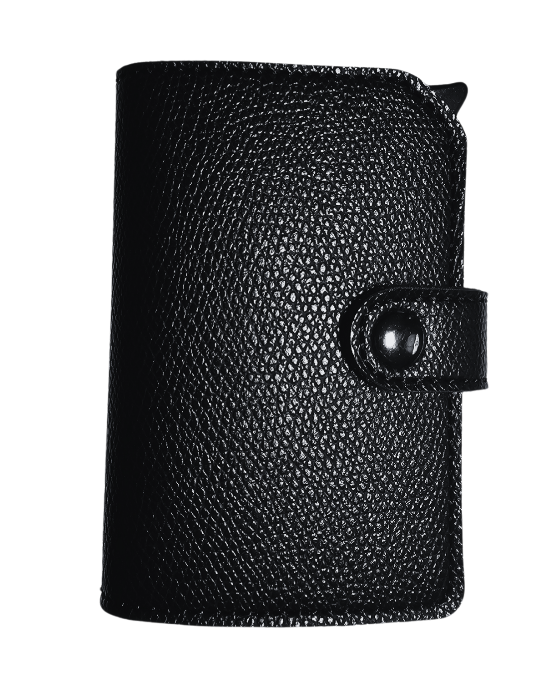 image of black RFID card wallet. the wallet can hold up to 5 cards, it has a metal aluminum case to hold the cards. there are 2 pockets to hold money and business cards, it is small and can fit into your pocket.